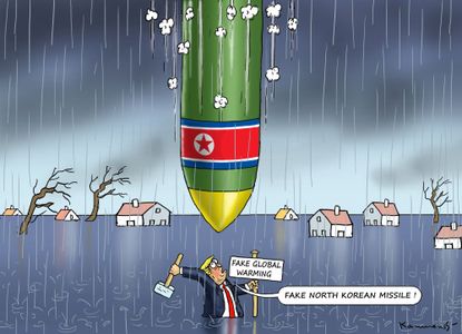 Political cartoon U.S. North Korea global warming fake news