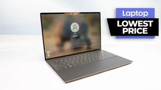 Dell XPS 13 Plus laptop on a white table with sky blue background