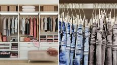 Two pictures of a tidy wardrobe with clothes handing up in a neat and orderly manner. Image of jeans ordered from light to dark. 