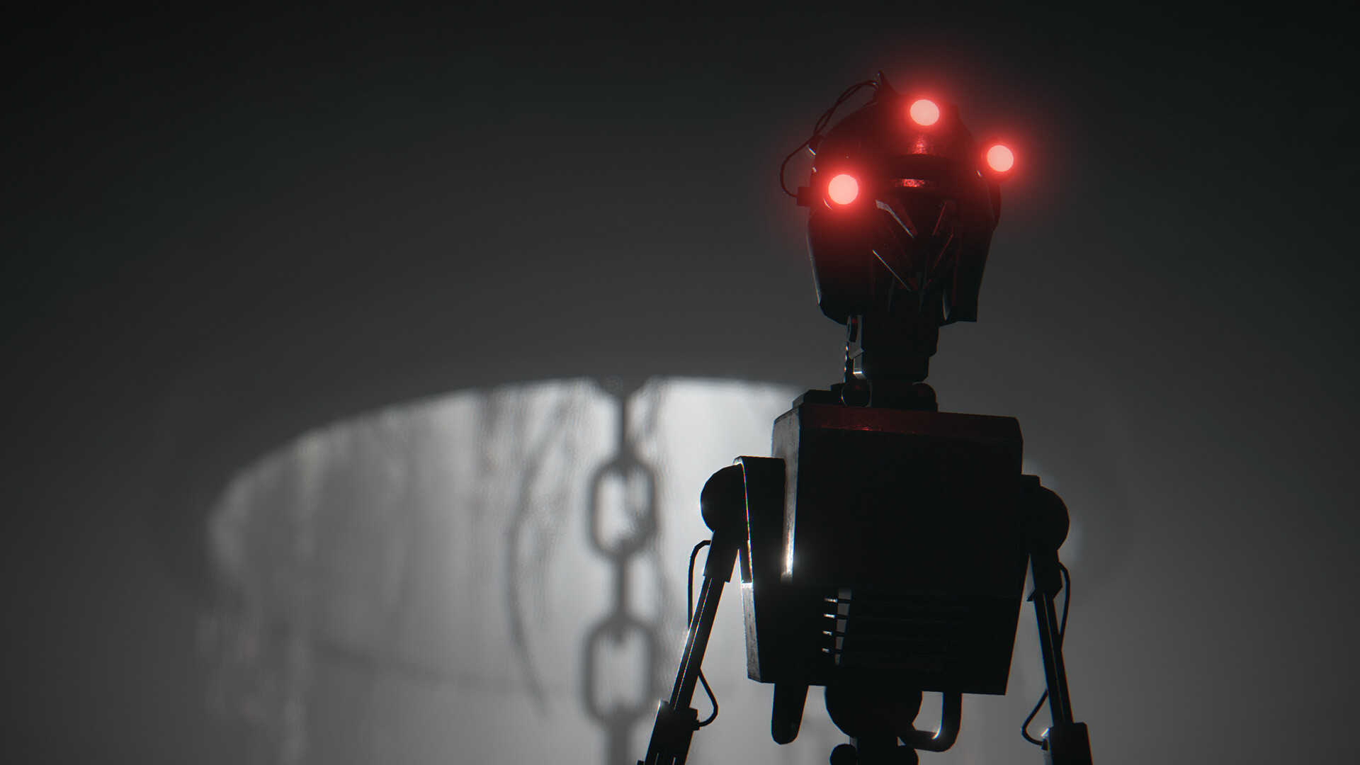Screenshot from Hail to the Rainbow showing a robot with glowing red eyes