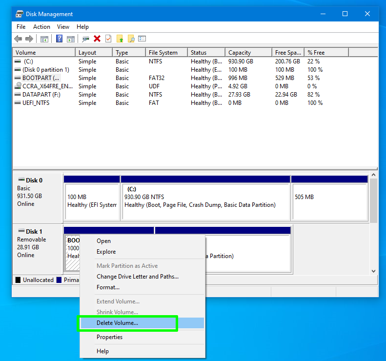 Delete all partitions on the USB drive