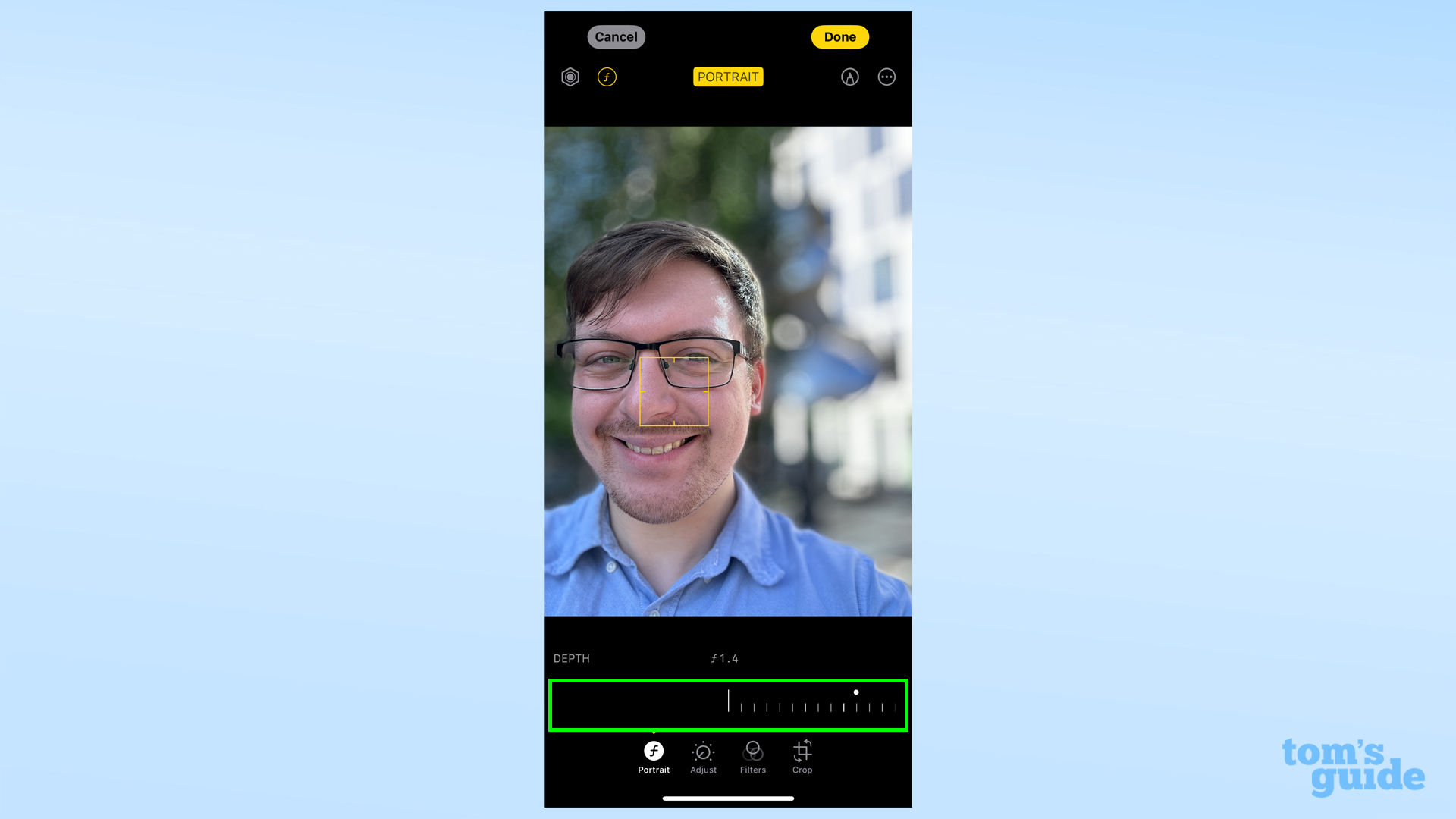 Снимок экрана, показывающий, как изменить глубину портретного изображения на iPhone под управлением iOS 17.