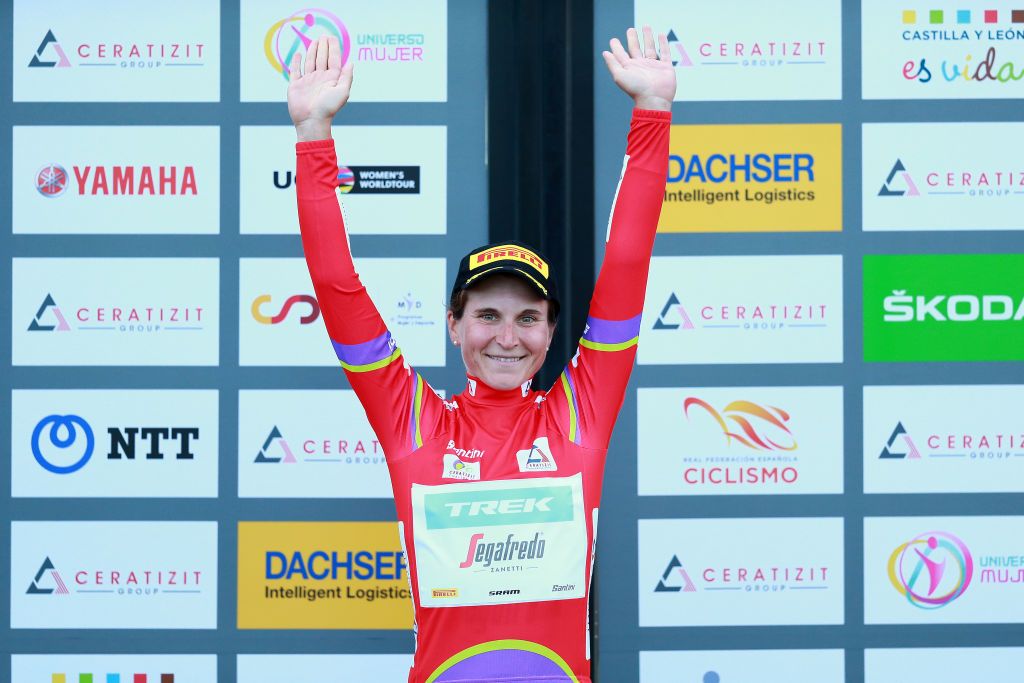 MARINA DE CUDEYO SPAIN SEPTEMBER 07 Elisa Longo Borghini of Italy and Team Trek Segafredo celebrates at podium as red leader jersey winner sprint during the 8th Ceratizit Challenge By La Vuelta 2022 Stage 1 a 199km team time trial stage from Marina de Cudeyo to Marina de Cudeyo CERATIZITChallenge22 UCIWWT on September 07 2022 in Marina de Cudeyo Spain Photo by Gonzalo Arroyo MorenoGetty Images