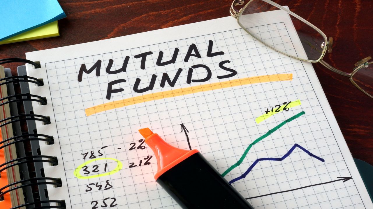 A highlighter sits on top of a notebook with the words &quot;mutual funds&quot; written on it. 