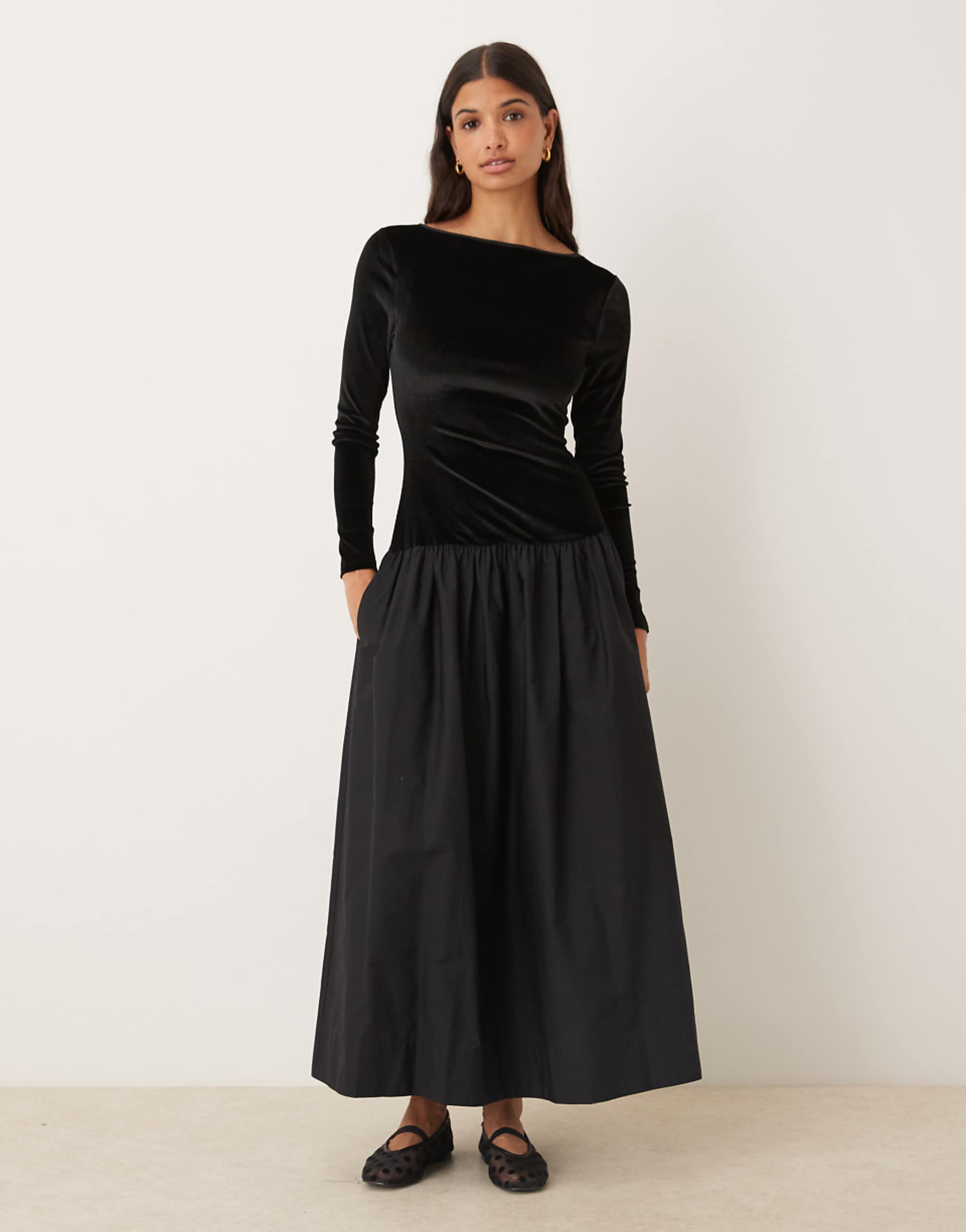 Asos Design Velvet Hybrid Maxi Dress With Poplin Skirt in Midnight Black