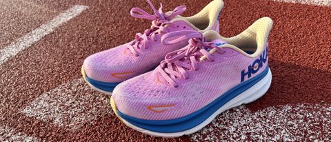 a photo of the Hoka Clifton 9 running shoes on a track
