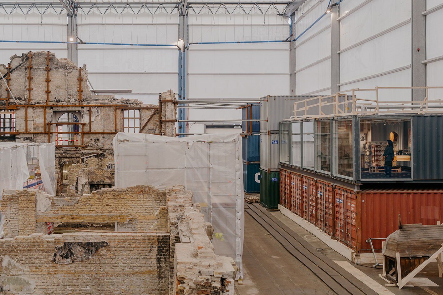 views of b&oslash;rsen visitor centre, a space within the damaged b&oslash;rsen in Copenhagen as it undergoes restoration