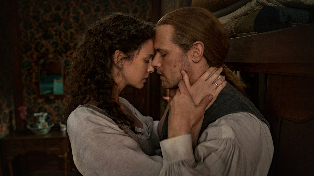 Claire and Jamie about to kiss Outlander Season 6