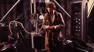 Tom Baker as the Fourth Doctor in the TARDIS in classic Doctor Who