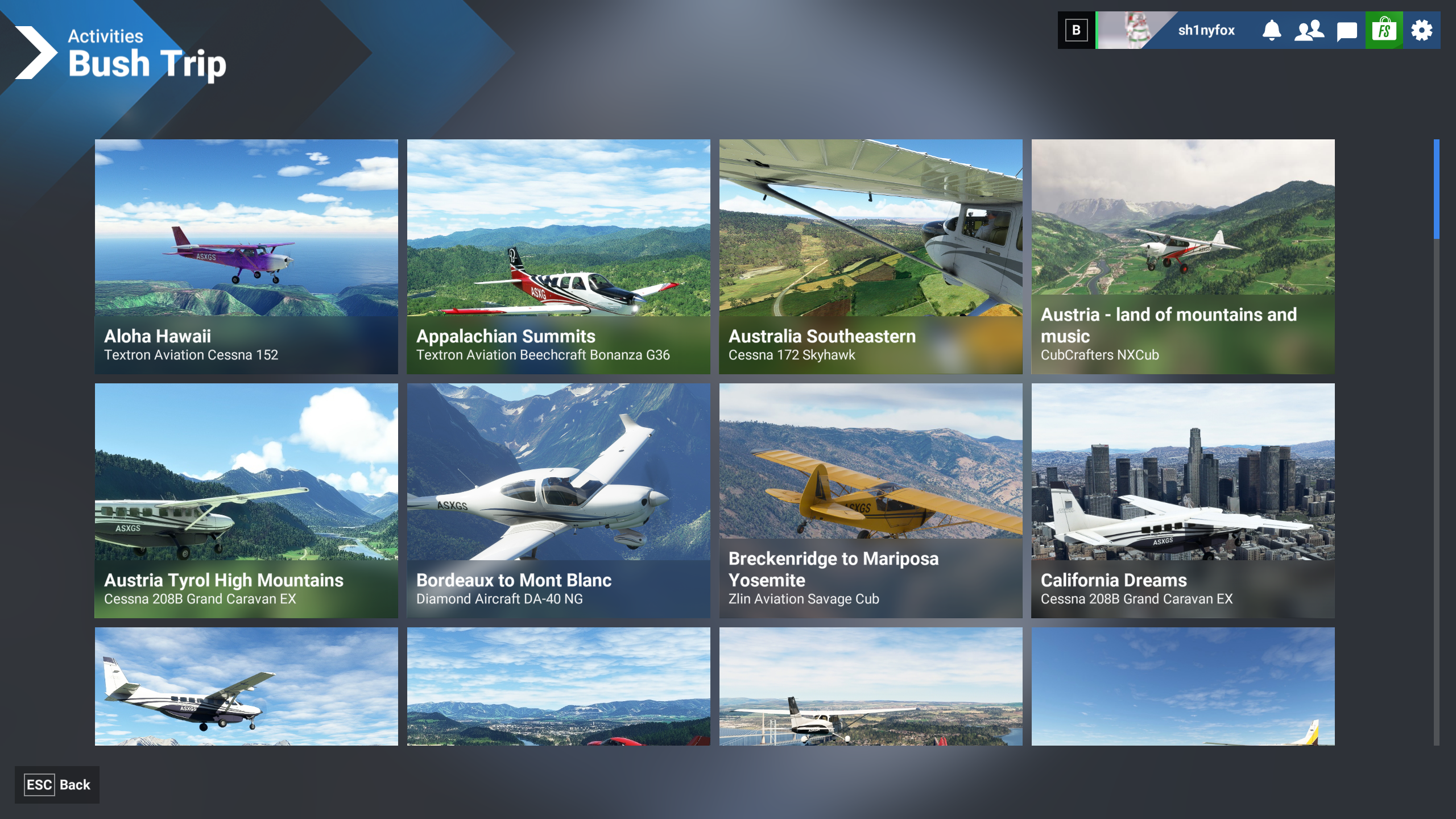 A screenshot of the Bush Trips menu in Microsoft Flight Simulator 2024.