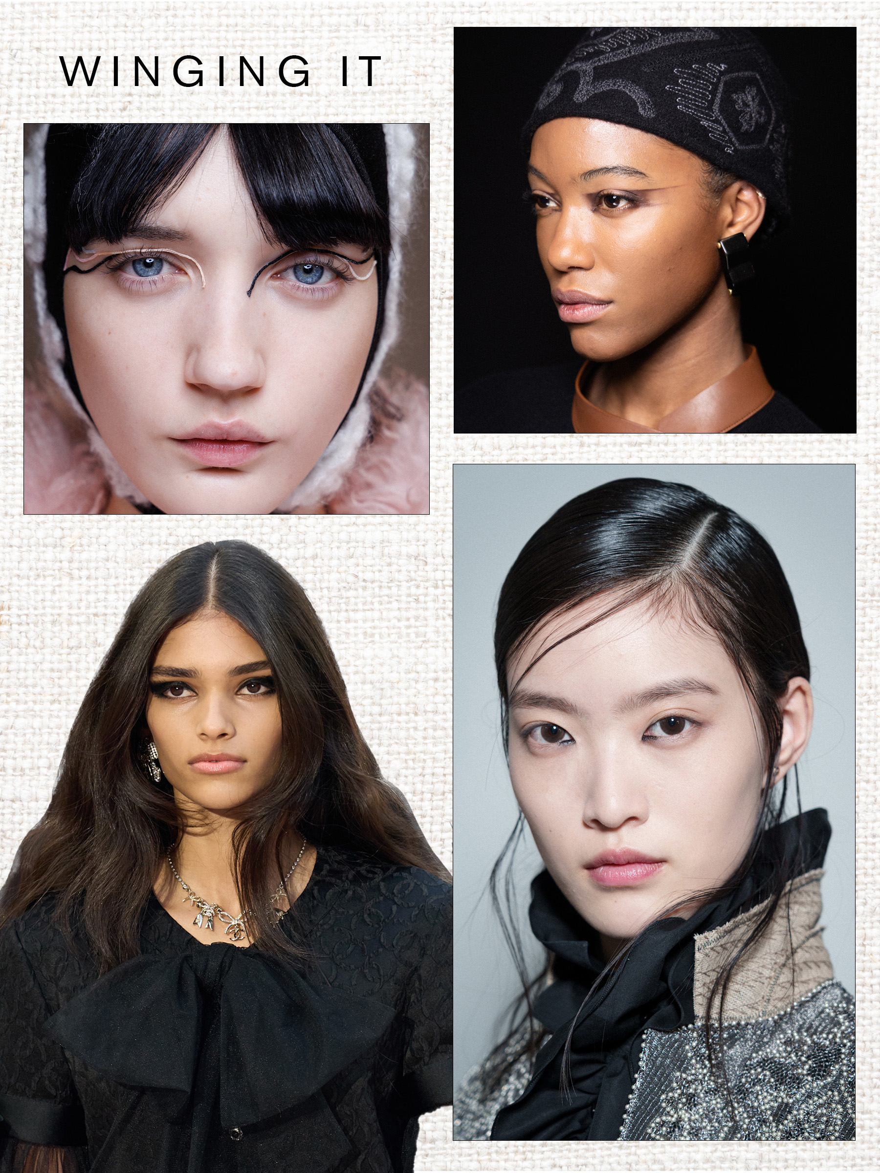 Winging It Autumn/Winter 2025 Beauty Trend, including looks from Ganni, Giorgio Armani, Chanel and Christian Dior
