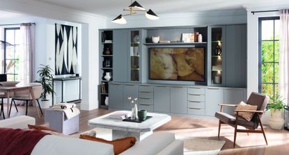 CD storage ideas in blue built in cabinetry