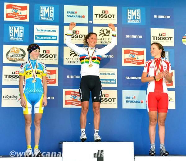 U23 women's podium at the world championships: Yana Belomoyna (Ukraine), Jolanda Neff (Switzerland), Paula Gorycka (Poland)