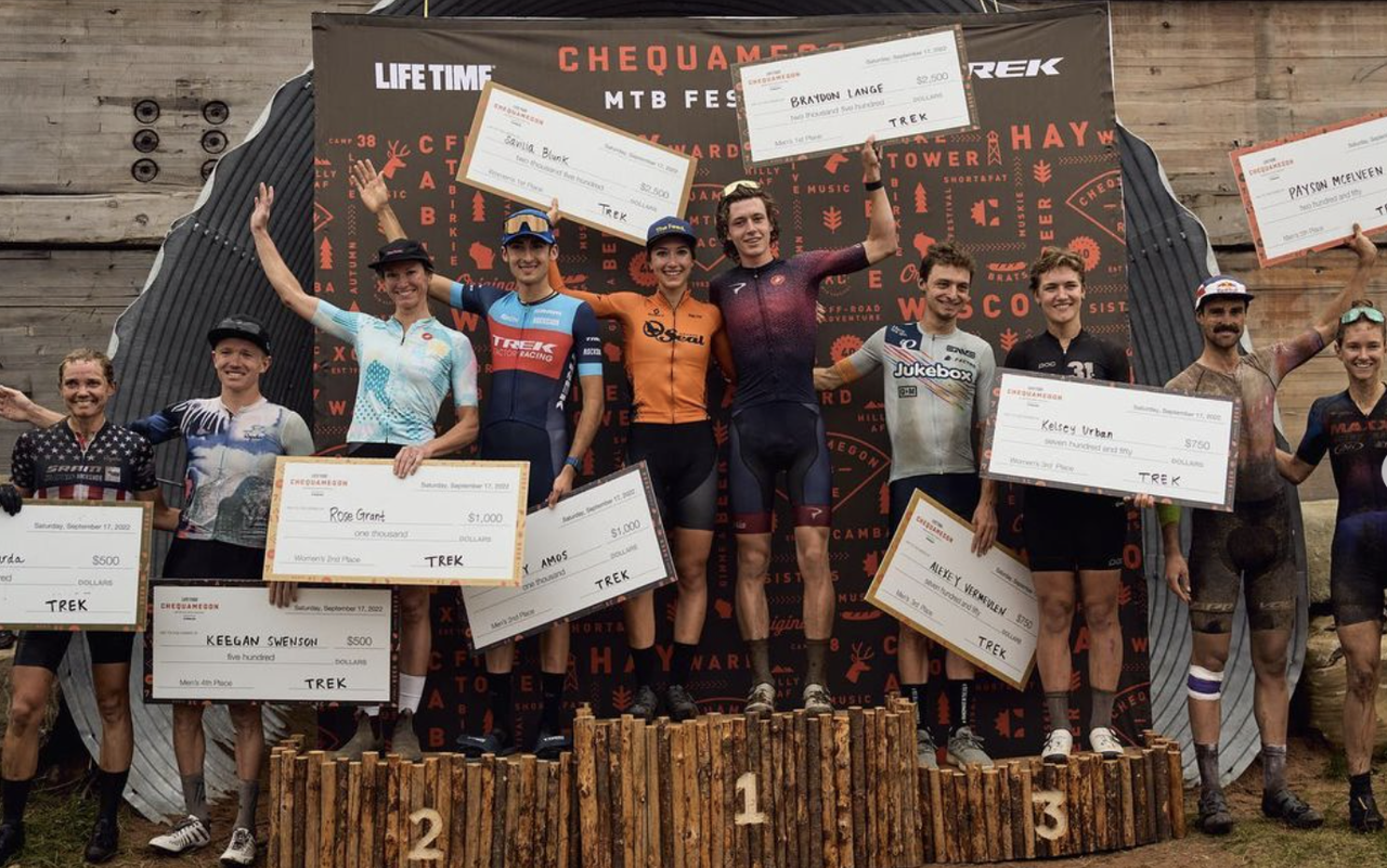 Podium for elite/pro women and men at 2022 Chequamegon MTB Festival