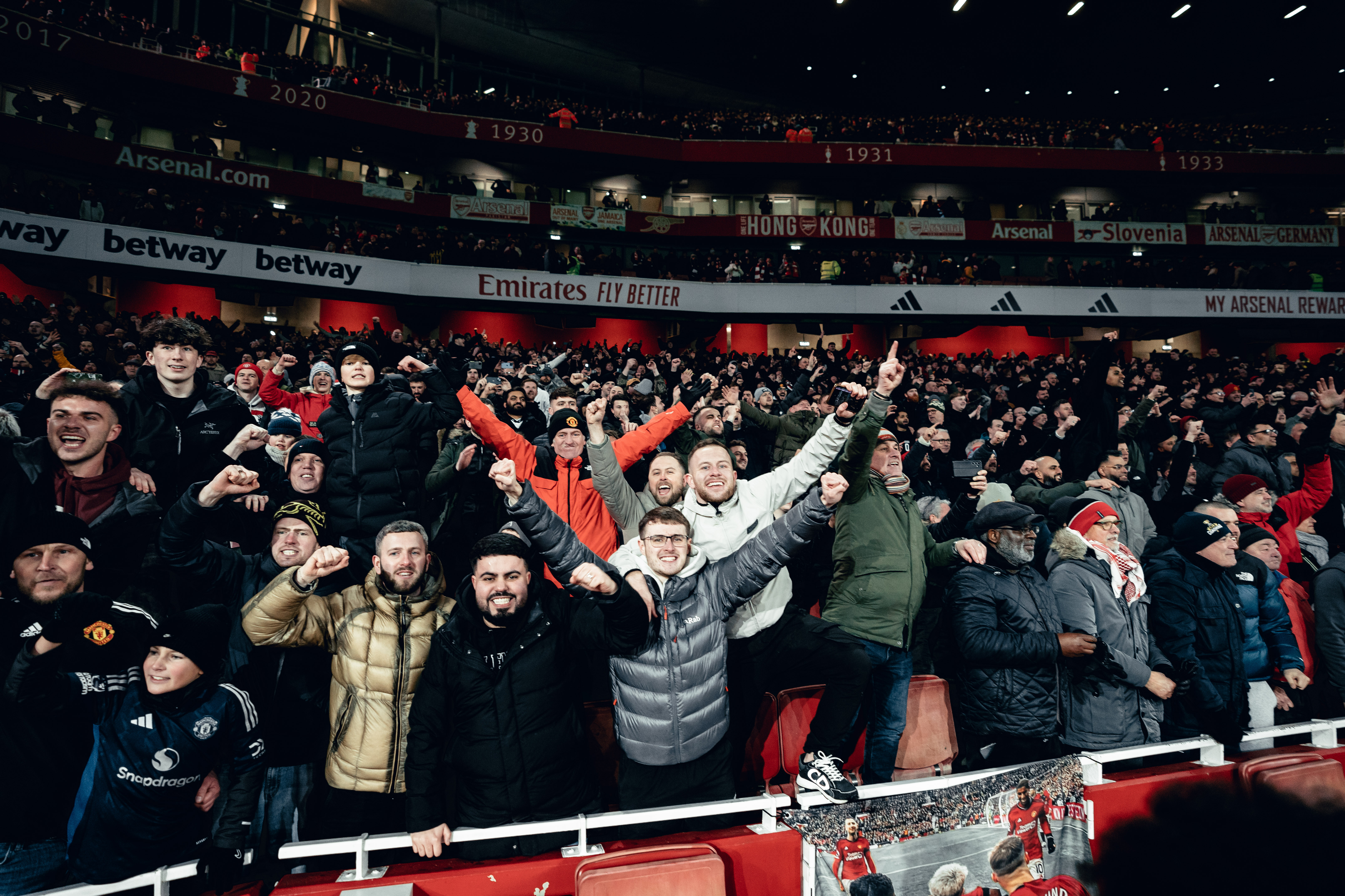 Manchester United fans at the Emirates Stadium for their FA Cup third round clash in January 2025