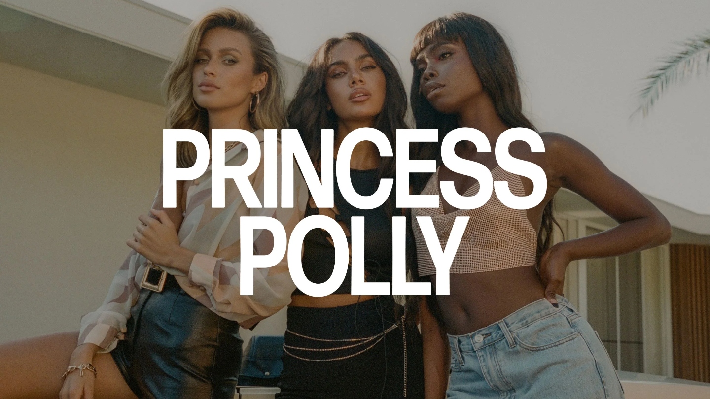 Three girls wearing Princess Polly clothes with white writing that says Princess Polly over them