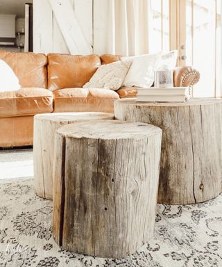 A farmhouse country-style living room with tan sofa and tree stump coffee table alternatives