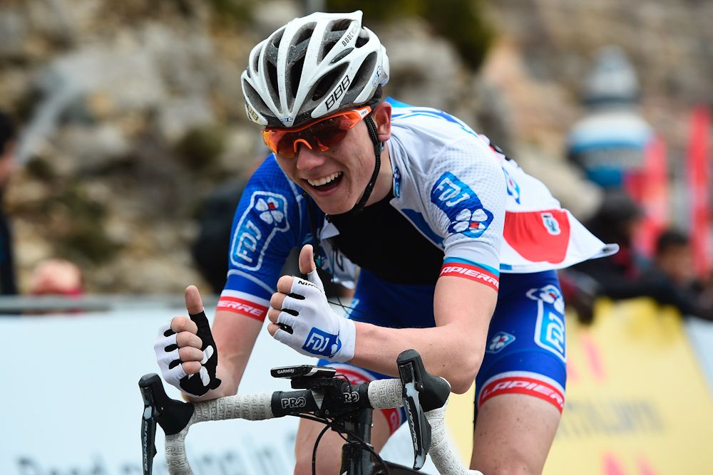 David Gaudu gives the thumbs up after crossing the finish line during the fifth stage of the 97th Volta Catalunya