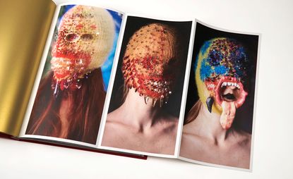 Three images of woman's faces photo edited to include strange masks