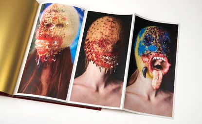 Three images of woman&#039;s faces photo edited to include strange masks