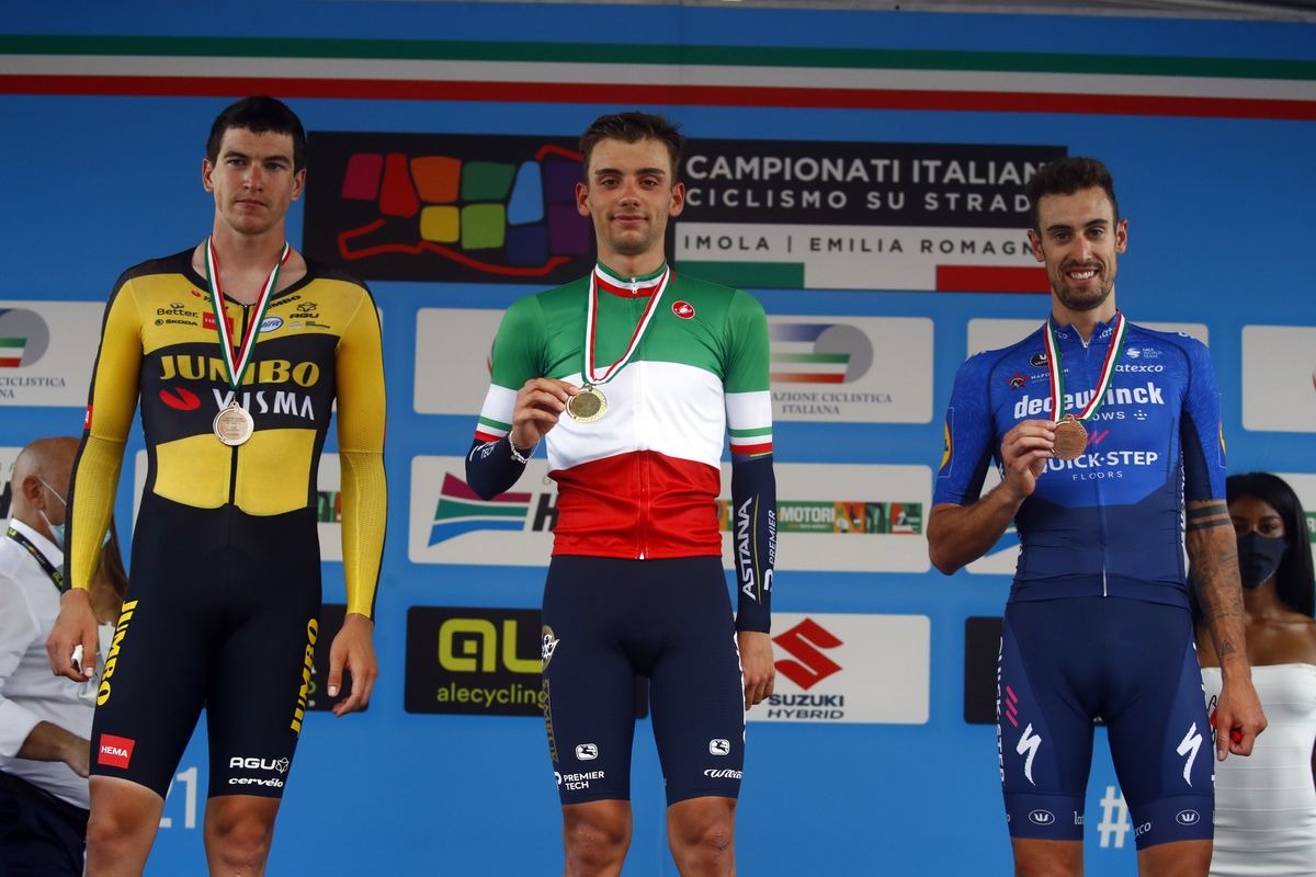 Campionati Italiani Ciclismo su Strada 2021 Faenza Men Elite 457 km 18062021 Edoardo Affini ITA Jumbo Visma Matteo Sobrero ITA Astana Premier Tech Mattia Cattaneo ITA Deceuninck QuickStep photo Roberto BettiniBettiniPhoto2021