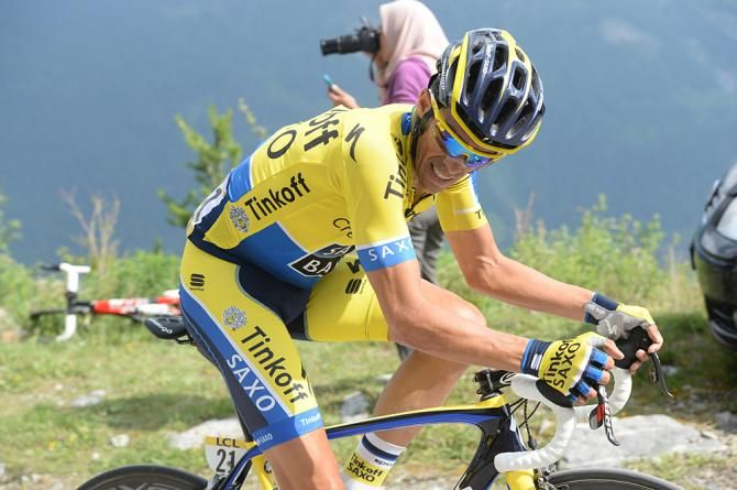 Alberto Contador (Tinkoff Saxo) moves into the race lead on the final climb during stage 7