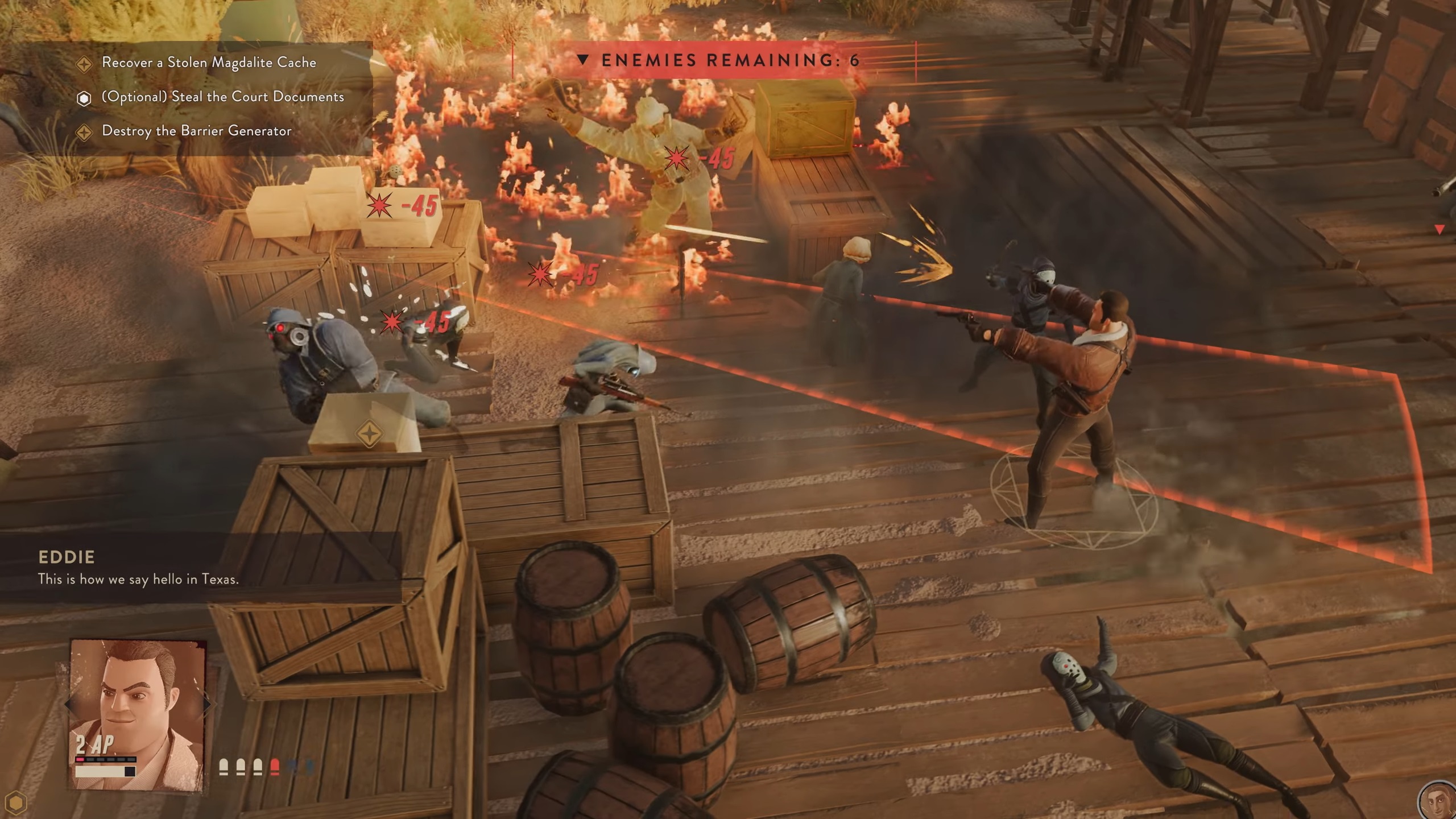 Tank character in Lamplighters League opening fire on enemies who are already on fire