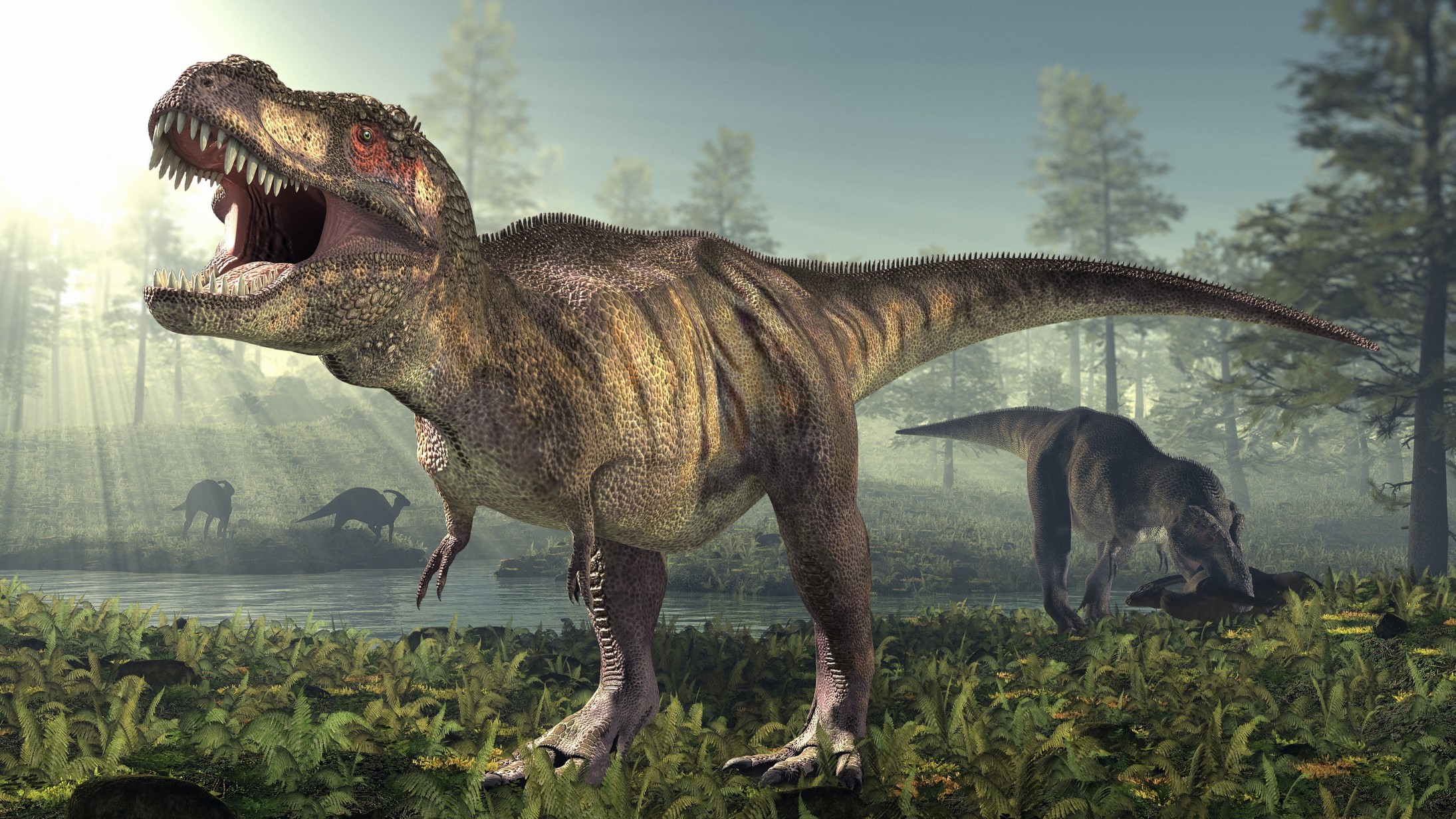 Illustration of dinosaurs, including T. rex in the foreground, during the Cretaceous period.