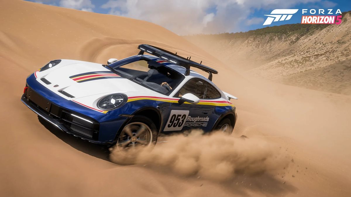 Image of a white-and-blue Porsche rally car drifting down a sand dune in Forza Horizon 5.