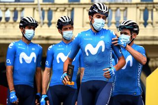 ALTODELANGLIRU SPAIN NOVEMBER 01 Start Marc Soler Gimenez of Spain and Movistar Team Most Combative Rider Mask Covid safety measures Trophy Team Presentation during the 75th Tour of Spain 2020 Stage 12 a 1094km stage from Pola de Laviana to Alto de lAngliru 1560m lavuelta LaVuelta20 La Vuelta on November 01 2020 in Alto de lAngliru Spain Photo by David RamosGetty Images