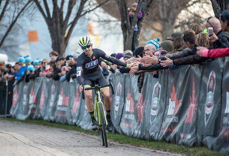 Jeremy Durrin celebrates his 2015 Manitoba Grand Prix of Cyclocross win with Winnipeg fans