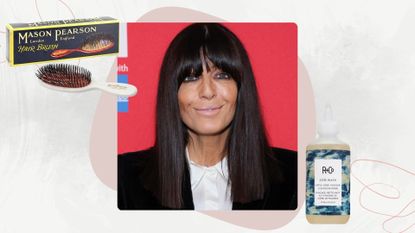 A grey backdrop with an image of claudia winkleman wearing a black blazer and white shirt with straight, shiny hair. Beside her are images of R+Co Acid wash cleanser and a mason pearson hair brush