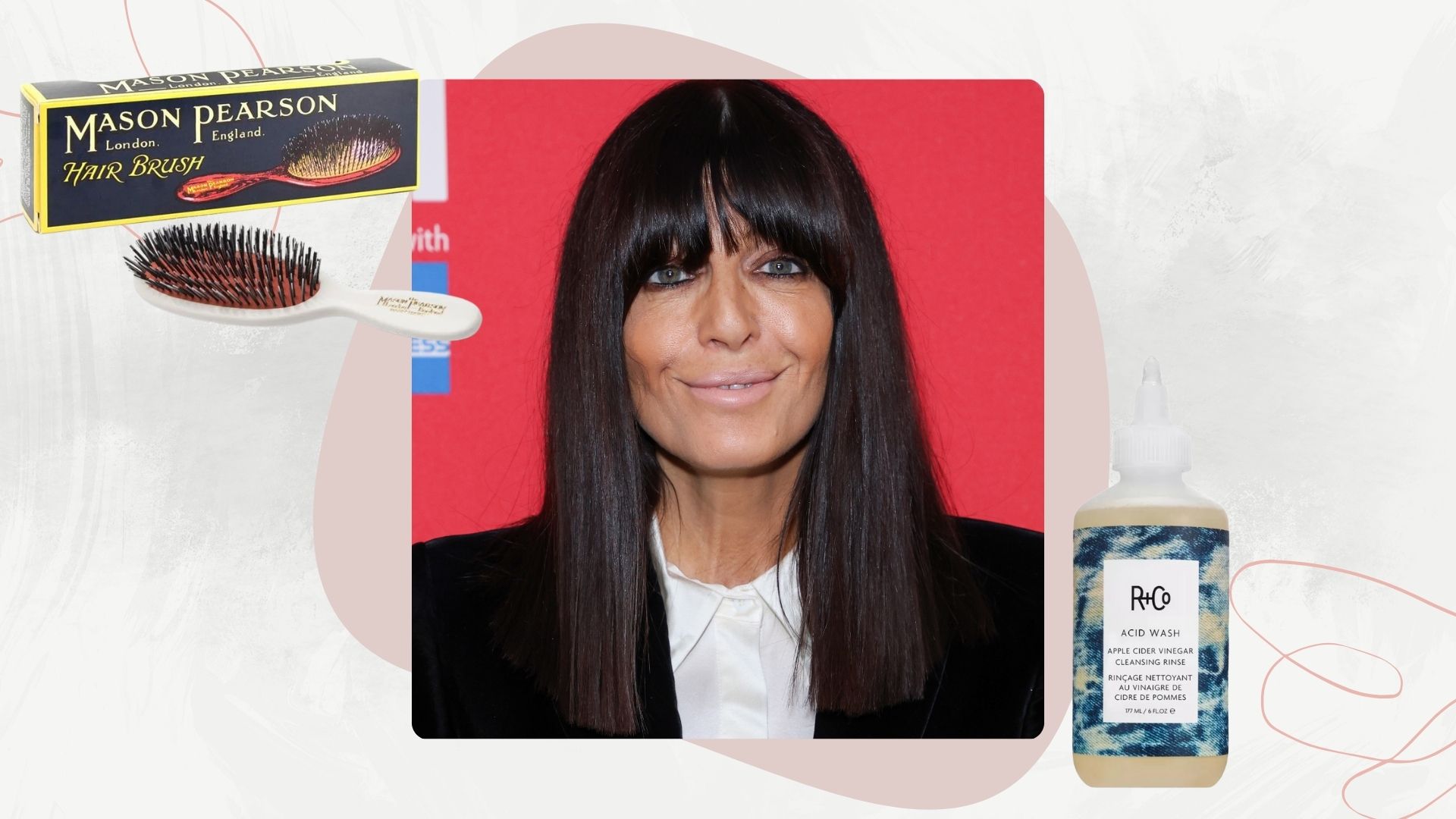 A grey backdrop with an image of claudia winkleman wearing a black blazer and white shirt with straight, shiny hair. Beside her are images of R+Co Acid wash cleanser and a mason pearson hair brush 
