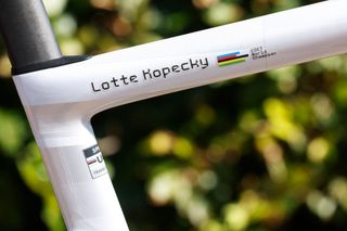 Detail view of the Specialized bike world champion custom of Lotte Kopecky (SD Worx) prior to the Simac Ladies Tour 2023