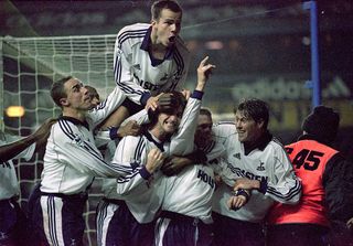 Tottenham Hotspur celebrate Sergei Rebrov's goal during the FA Carling Premiership match against Arsenal at White Hart Lane in London. The match was drawn 1-1. \ Mandatory Credit: Jamie McDonald /Allsport