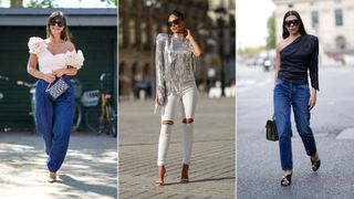 Three women showing how to style high waisted jeans with an evening top