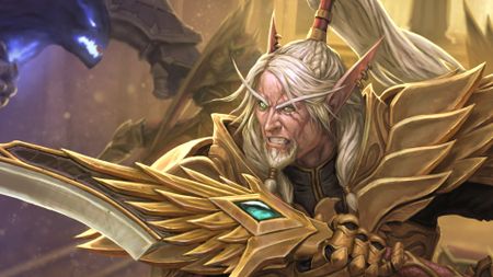Key art for World of Warcraft: Midnight showing Lor'themar Theron grimacing in golden armor with a huge golden sword ready to fight back the darkness