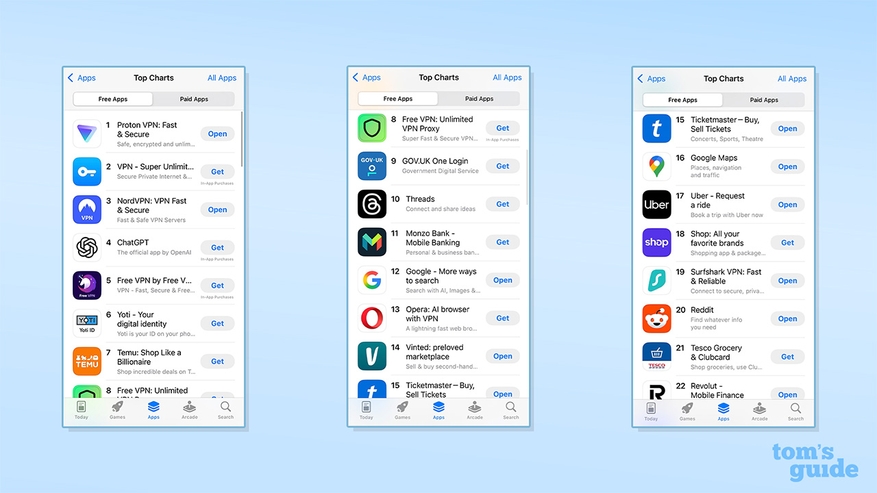 Screenshot of the top 20 free apps on the UK app store