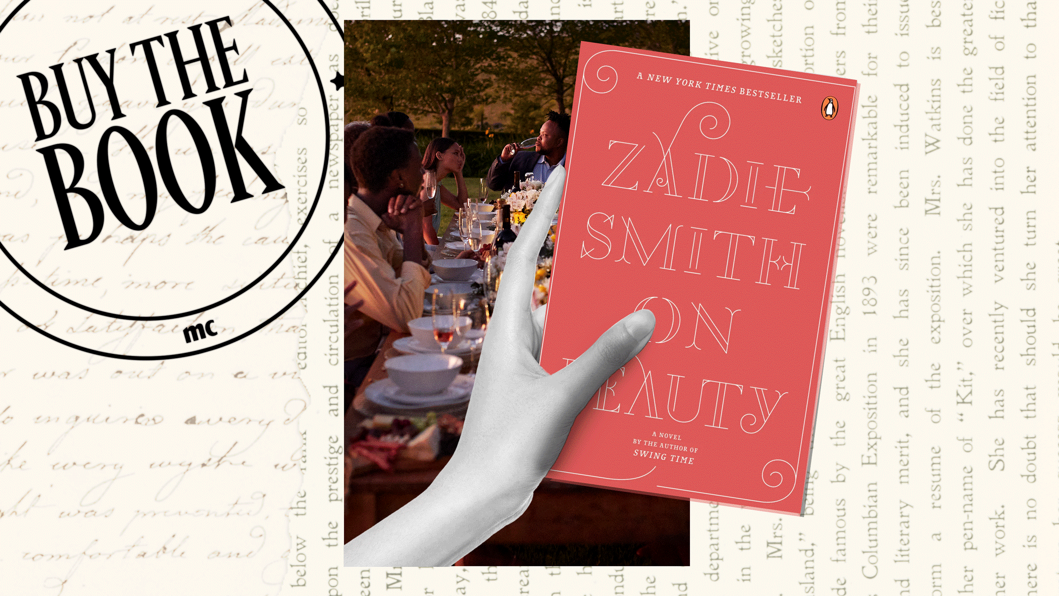 an image of marie claire&#039;s buy the book franchise stamp and a gif of book covers as well as an image of a family at a dinner table