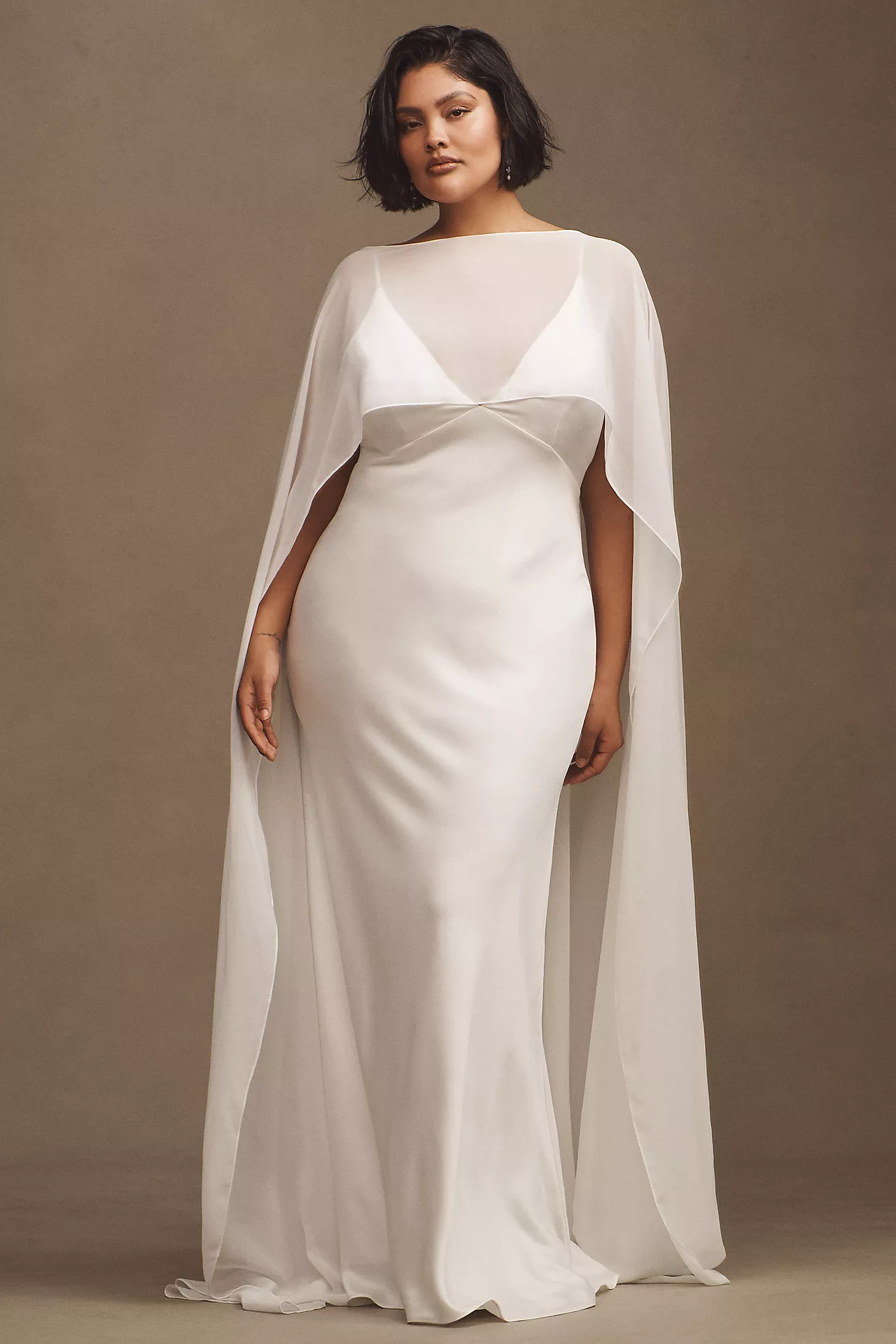 Jenny by Jenny Yoo Cilla Satin V-Neck Cape Column Wedding Gown