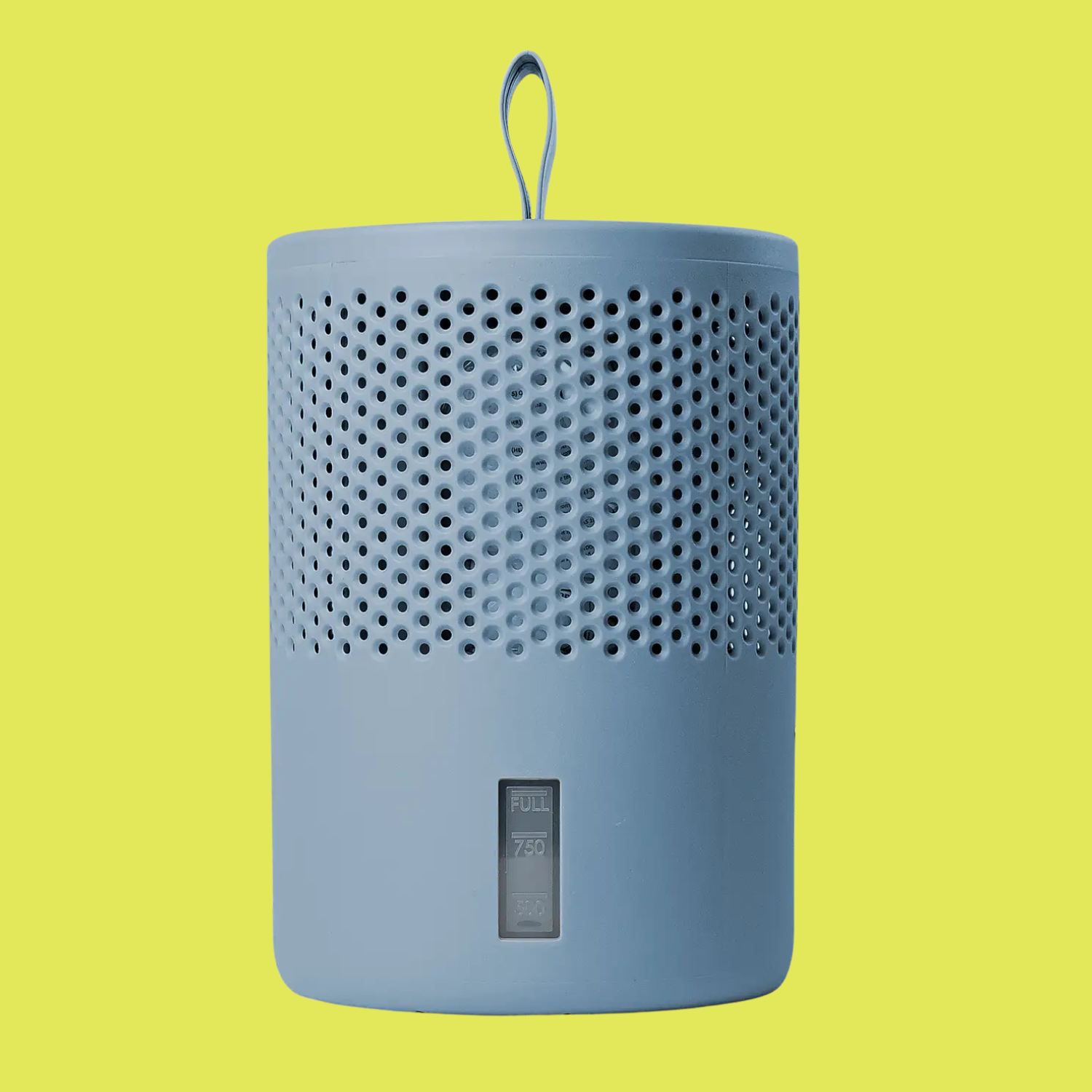 A denim blue dehumidifier against a neon yellow backdrop