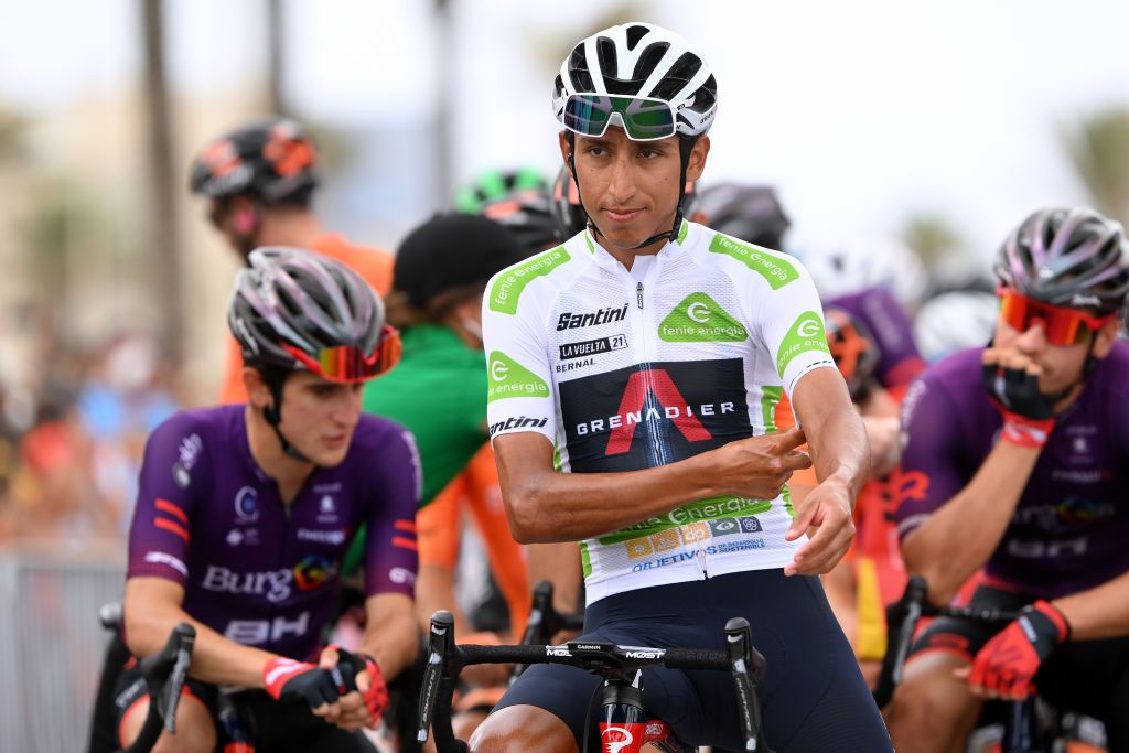 RINCON DE LA VICTORIA SPAIN AUGUST 24 Egan Arley Bernal Gomez of Colombia and Team INEOS Grenadiers White Best Young Rider Jersey prior to the 76th Tour of Spain 2021 Stage 10 a 189km stage from Roquetas de Mar to Rincn de la Victoria lavuelta LaVuelta21 on August 24 2021 in Rincon De La Victoria Spain Photo by Stuart FranklinGetty Images