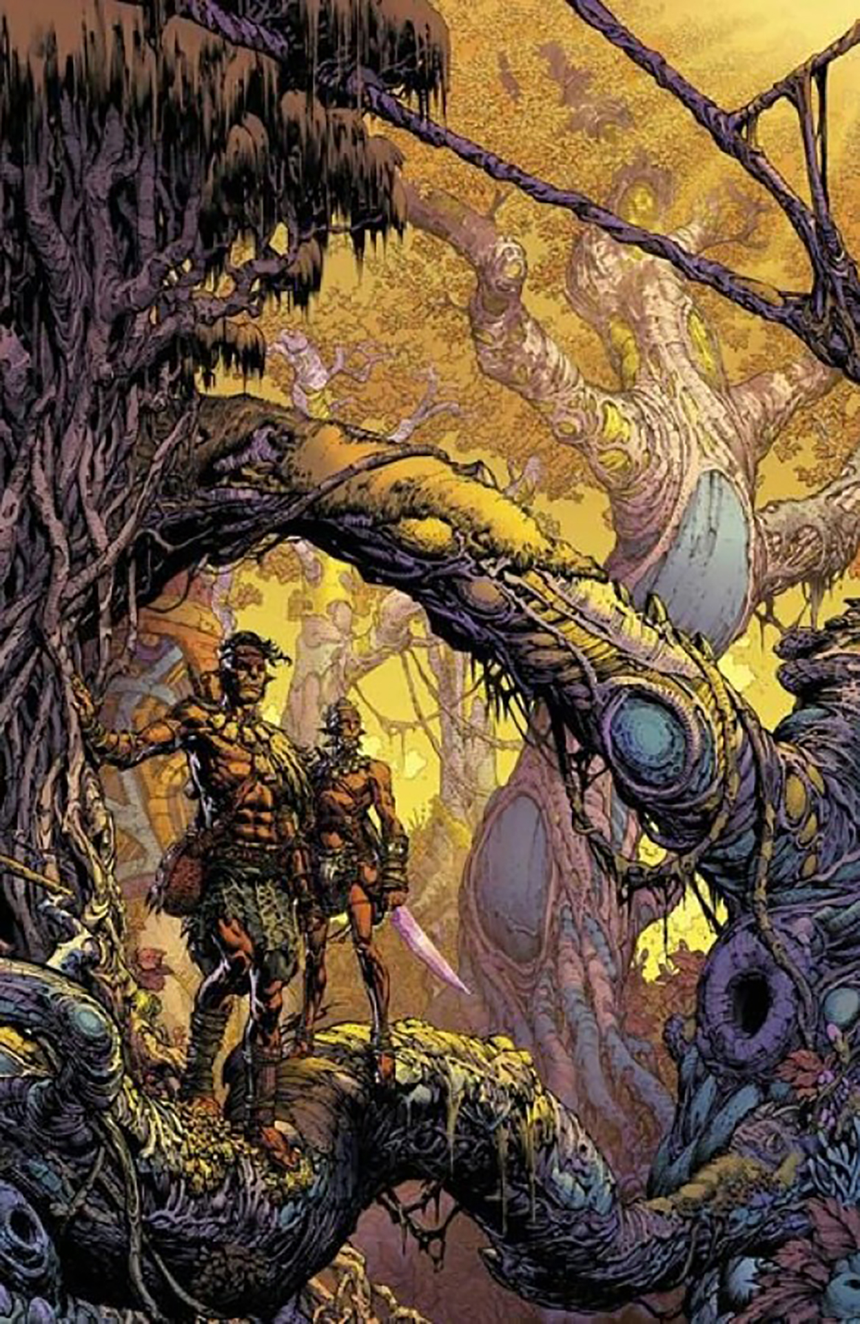 Two alien hunters stand on the branch of a tree overlooking the forest