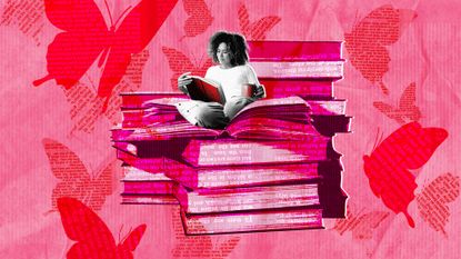 Woman sitting on top of a stack of books and reading