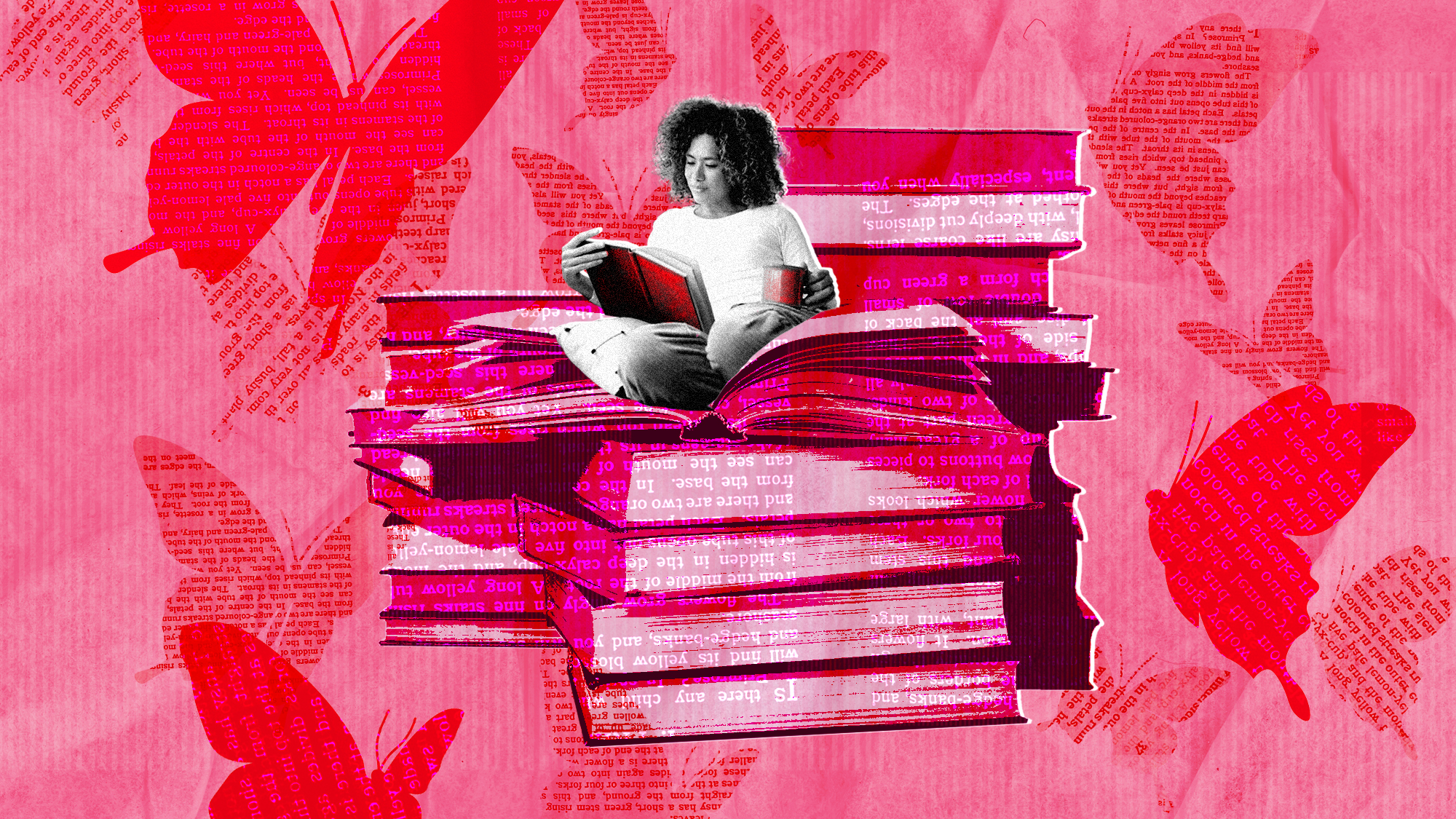 Woman sitting on top of a stack of books and reading