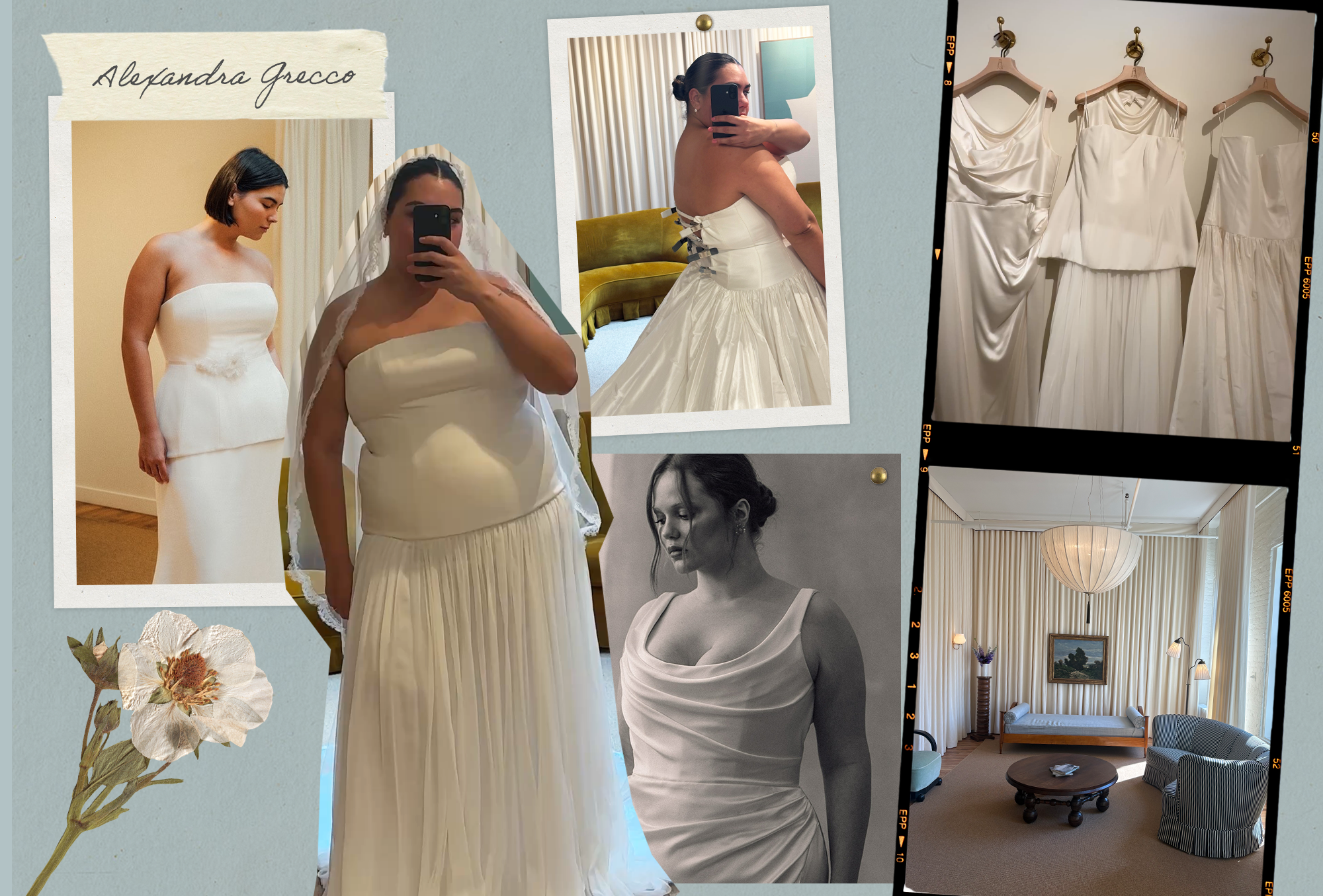 Editor Ana Escalante trying on plus-size wedding dresses.