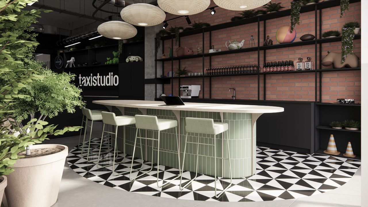 studio with stools and plants