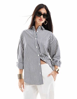 Asos Design Oxford Shirt in Linen Look Navy Stripe