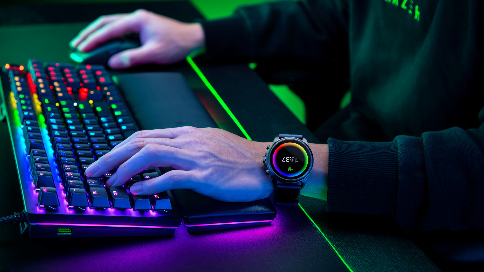The Razer X Fossil Gen 6 Smartwatch on a gamers wrist