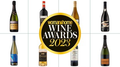 Eight bottles of wine behind a round logo that reads Woman&Home Wine Awards 2023